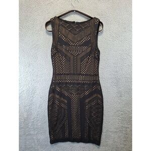 Cache Black Tan Lace Geometric Bodycon Sheath Cocktail Dress Size 12 Sleeveless